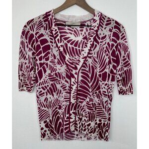 Loft Cardigan Sweater Women Small Fuchsia Sheer Leaf Pattern 3/4 Sleeve